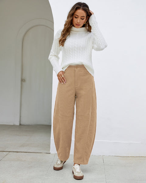 GRAPENT Corduroy Pants Women Barrel Elastic Waist Ankle Work Casual Trouser High Waisted Fit, Barrel Leg, Ankle Length, 27.5" Inseam, Functional Pockets, Fall Winter Pants, Dressy Casual Outfits