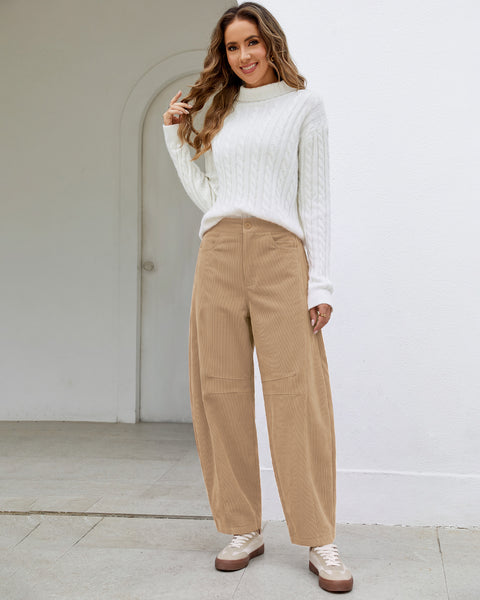 GRAPENT Corduroy Pants Women Barrel Elastic Waist Ankle Work Casual Trouser High Waisted Fit, Barrel Leg, Ankle Length, 27.5" Inseam, Functional Pockets, Fall Winter Pants, Dressy Casual Outfits