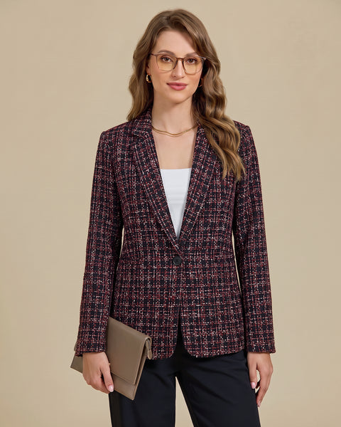 GRAPENT Tweed Blazers for Women Plaid Jacket Long Sleeve Work Casual Blazer | Notched Lapel, Fully Lined, Shoulder Pads, Single Button, 2 Pockets, Interview, Office outfits, Business Casual Blazers