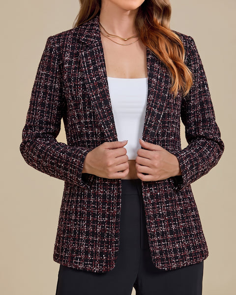 GRAPENT Tweed Blazers for Women Plaid Jacket Long Sleeve Work Casual Blazer | Notched Lapel, Fully Lined, Shoulder Pads, Single Button, 2 Pockets, Interview, Office outfits, Business Casual Blazers
