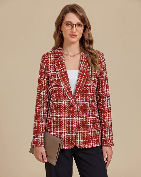 GRAPENT Tweed Blazers for Women Plaid Jacket Long Sleeve Work Casual Blazer | Notched Lapel, Fully Lined, Shoulder Pads, Single Button, 2 Pockets, Interview, Office outfits, Business Casual Blazers
