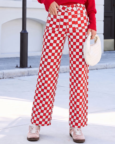 GRAPENT Women's Wide Leg Jeans High Waisted Trendy Stretchy Checkered Pants Checkerboard Print, High Rise, Wide-Leg Cut, Front Patch Pockets, Stretch Denim Pants, Weekend Casual, Classic Retro Style