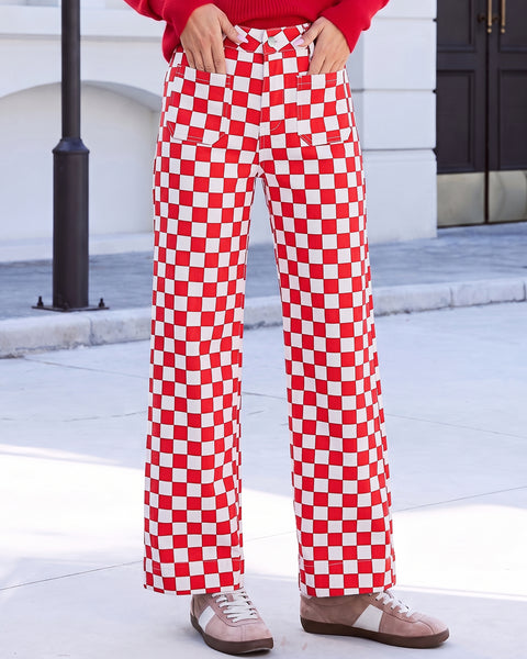 GRAPENT Women's Wide Leg Jeans High Waisted Trendy Stretchy Checkered Pants Checkerboard Print, High Rise, Wide-Leg Cut, Front Patch Pockets, Stretch Denim Pants, Weekend Casual, Classic Retro Style