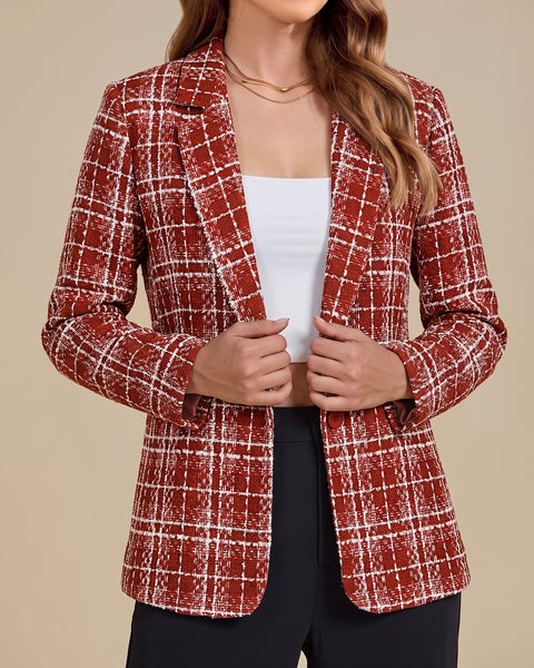 GRAPENT Tweed Blazers for Women Plaid Jacket Long Sleeve Work Casual Blazer | Notched Lapel, Fully Lined, Shoulder Pads, Single Button, 2 Pockets, Interview, Office outfits, Business Casual Blazers