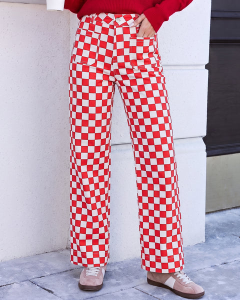 GRAPENT Women's Wide Leg Jeans High Waisted Trendy Stretchy Checkered Pants Checkerboard Print, High Rise, Wide-Leg Cut, Front Patch Pockets, Stretch Denim Pants, Weekend Casual, Classic Retro Style