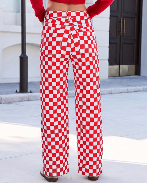 GRAPENT Women's Wide Leg Jeans High Waisted Trendy Stretchy Checkered Pants Checkerboard Print, High Rise, Wide-Leg Cut, Front Patch Pockets, Stretch Denim Pants, Weekend Casual, Classic Retro Style