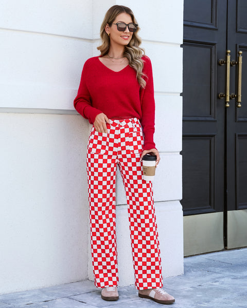 GRAPENT Women's Wide Leg Jeans High Waisted Trendy Stretchy Checkered Pants Checkerboard Print, High Rise, Wide-Leg Cut, Front Patch Pockets, Stretch Denim Pants, Weekend Casual, Classic Retro Style