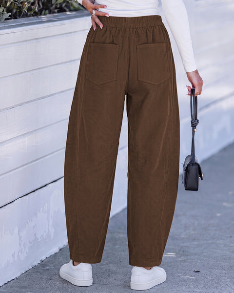 GRAPENT Corduroy Pants Women Barrel Elastic Waist Ankle Work Casual Trouser High Waisted Fit, Barrel Leg, Ankle Length, 27.5" Inseam, Functional Pockets, Fall Winter Pants, Dressy Casual Outfits