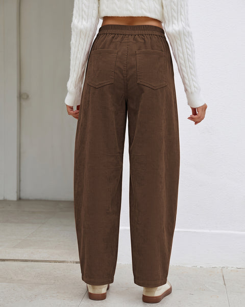 GRAPENT Corduroy Pants Women Barrel Elastic Waist Ankle Work Casual Trouser High Waisted Fit, Barrel Leg, Ankle Length, 27.5" Inseam, Functional Pockets, Fall Winter Pants, Dressy Casual Outfits