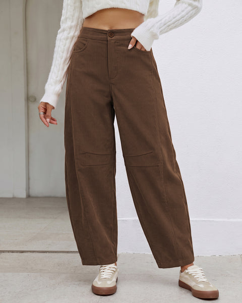 GRAPENT Corduroy Pants Women Barrel Elastic Waist Ankle Work Casual Trouser High Waisted Fit, Barrel Leg, Ankle Length, 27.5" Inseam, Functional Pockets, Fall Winter Pants, Dressy Casual Outfits