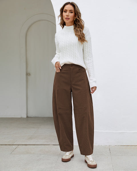 GRAPENT Corduroy Pants Women Barrel Elastic Waist Ankle Work Casual Trouser High Waisted Fit, Barrel Leg, Ankle Length, 27.5" Inseam, Functional Pockets, Fall Winter Pants, Dressy Casual Outfits