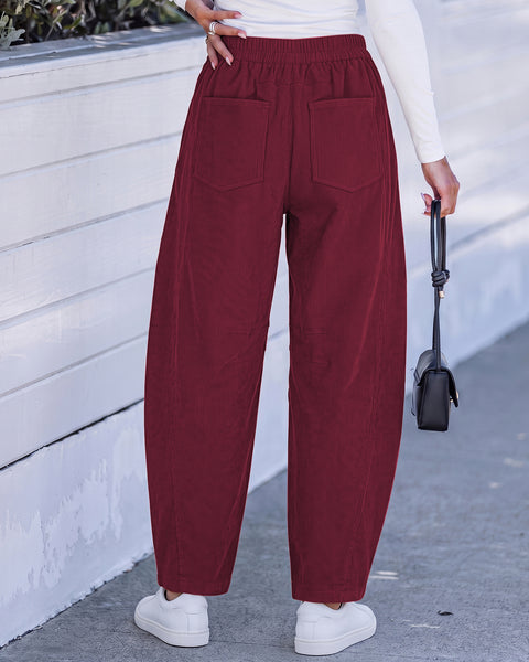 GRAPENT Corduroy Pants Women Barrel Elastic Waist Ankle Work Casual Trouser High Waisted Fit, Barrel Leg, Ankle Length, 27.5" Inseam, Functional Pockets, Fall Winter Pants, Dressy Casual Outfits