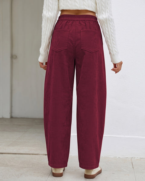 GRAPENT Corduroy Pants Women Barrel Elastic Waist Ankle Work Casual Trouser High Waisted Fit, Barrel Leg, Ankle Length, 27.5" Inseam, Functional Pockets, Fall Winter Pants, Dressy Casual Outfits