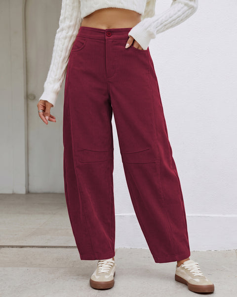 GRAPENT Corduroy Pants Women Barrel Elastic Waist Ankle Work Casual Trouser High Waisted Fit, Barrel Leg, Ankle Length, 27.5" Inseam, Functional Pockets, Fall Winter Pants, Dressy Casual Outfits