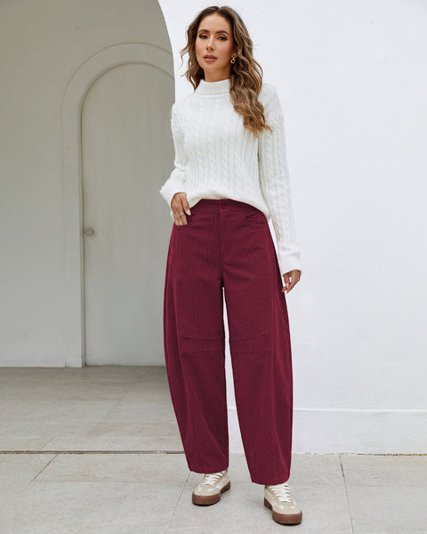 GRAPENT Corduroy Pants Women Barrel Elastic Waist Ankle Work Casual Trouser High Waisted Fit, Barrel Leg, Ankle Length, 27.5" Inseam, Functional Pockets, Fall Winter Pants, Dressy Casual Outfits