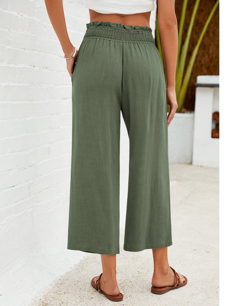 GRAPENT Capri Pants for Women High Waisted Wide Leg Linen Palazzo Trousers Pull On Elastic Smock Waist Loose Flowy Pants
