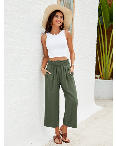 GRAPENT Capri Pants for Women High Waisted Wide Leg Linen Palazzo Trousers Pull On Elastic Smock Waist Loose Flowy Pants