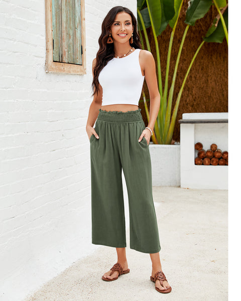GRAPENT Capri Pants for Women High Waisted Wide Leg Linen Palazzo Trousers Pull On Elastic Smock Waist Loose Flowy Pants
