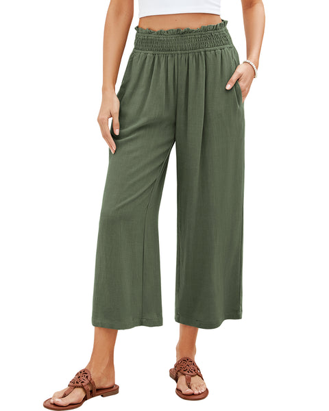 GRAPENT Capri Pants for Women High Waisted Wide Leg Linen Palazzo Trousers Pull On Elastic Smock Waist Loose Flowy Pants