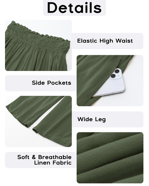 GRAPENT Capri Pants for Women High Waisted Wide Leg Linen Palazzo Trousers Pull On Elastic Smock Waist Loose Flowy Pants
