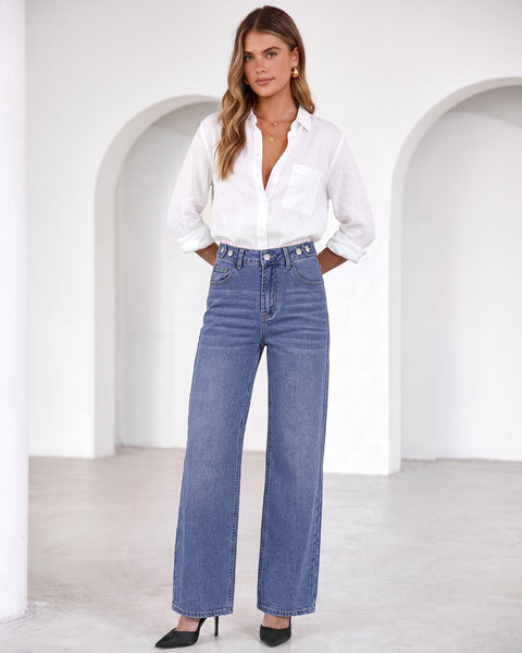 GRAPENT Jeans for Women Wide Leg High Rise Cinch-Waist Stretchy Denim Pants | High Waisted, Adjustable Waist, Full Length, 30'' Inseam, 90s Baggy Straight, Great for Everyday Wear, Dressy Casual Outifts
