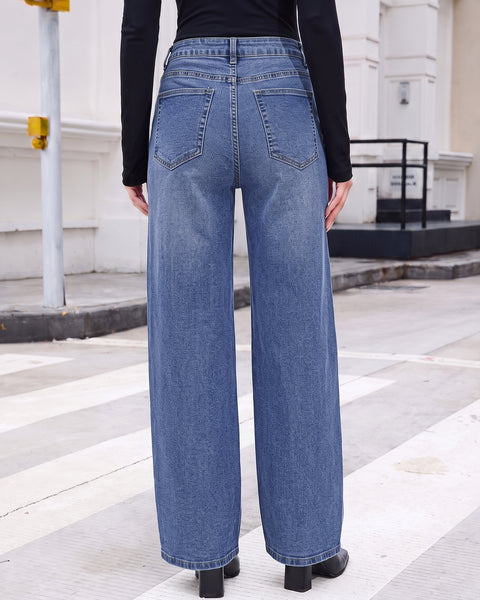 GRAPENT Jeans for Women Wide Leg High Rise Cinch-Waist Stretchy Denim Pants | High Waisted, Adjustable Waist, Full Length, 30'' Inseam, 90s Baggy Straight, Great for Everyday Wear, Dressy Casual Outifts