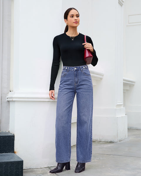 GRAPENT Jeans for Women Wide Leg High Rise Cinch-Waist Stretchy Denim Pants | High Waisted, Adjustable Waist, Full Length, 30'' Inseam, 90s Baggy Straight, Great for Everyday Wear, Dressy Casual Outifts