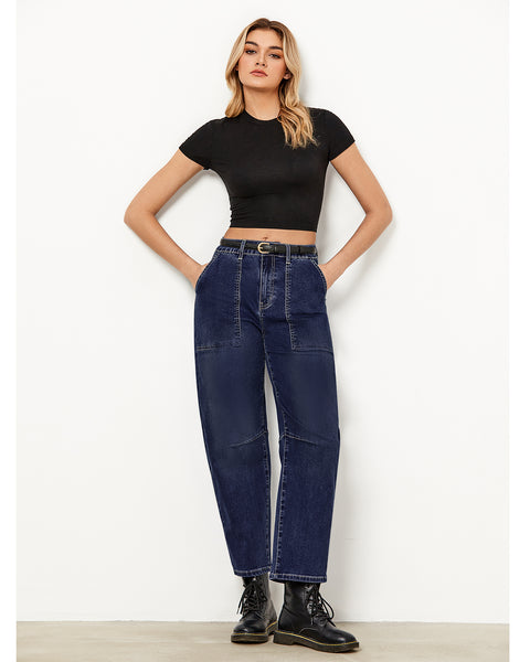 GRAPENT Barrel Jeans for Women High Waisted Trendy Wide Leg Baggy Ankle Length Stretchy Denim Trouser Jeans with Pockets