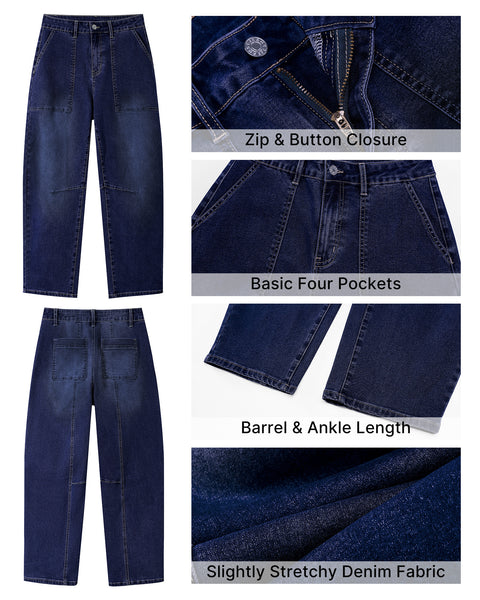 GRAPENT Barrel Jeans for Women High Waisted Trendy Wide Leg Baggy Ankle Length Stretchy Denim Trouser Jeans with Pockets