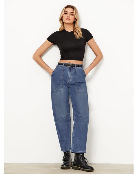 GRAPENT Barrel Jeans for Women High Waisted Trendy Wide Leg Baggy Ankle Length Stretchy Denim Trouser Jeans with Pockets