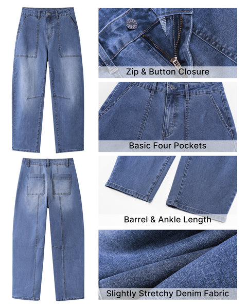 GRAPENT Barrel Jeans for Women High Waisted Trendy Wide Leg Baggy Ankle Length Stretchy Denim Trouser Jeans with Pockets