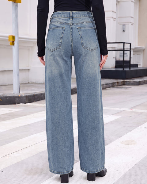 GRAPENT Jeans for Women Wide Leg High Rise Cinch-Waist Stretchy Denim Pants | High Waisted, Adjustable Waist, Full Length, 30'' Inseam, 90s Baggy Straight, Great for Everyday Wear, Dressy Casual Outifts