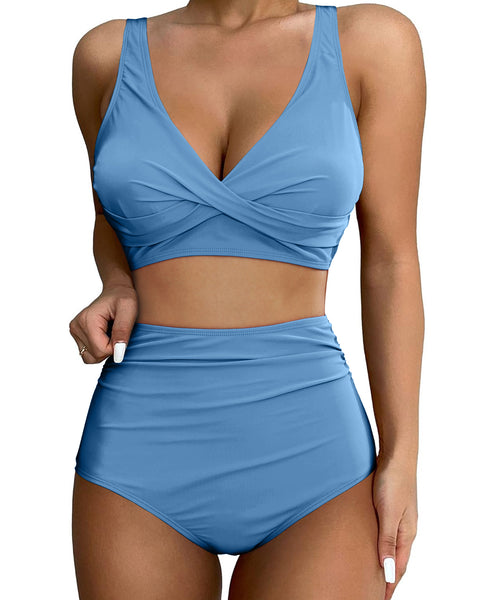 GRAPENT High Waisted Bikini Sets for Women Twist Front Tie Back 2 Piece Bathing Suit V Neck Ruched Swimsuits Bikinis