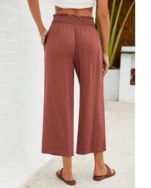 GRAPENT Capri Pants for Women High Waisted Wide Leg Linen Palazzo Trousers Pull On Elastic Smock Waist Loose Flowy Pants