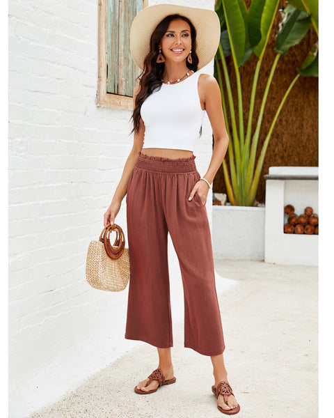 GRAPENT Capri Pants for Women High Waisted Wide Leg Linen Palazzo Trousers Pull On Elastic Smock Waist Loose Flowy Pants