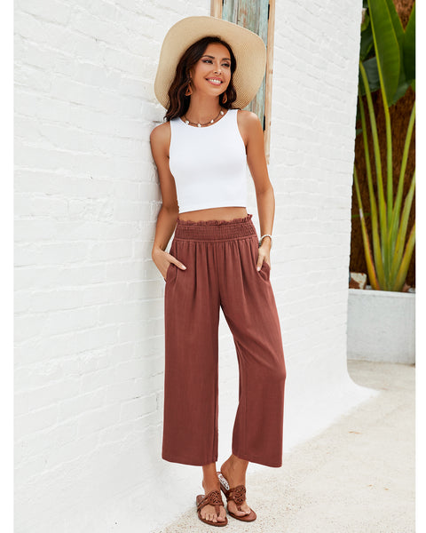 GRAPENT Capri Pants for Women High Waisted Wide Leg Linen Palazzo Trousers Pull On Elastic Smock Waist Loose Flowy Pants