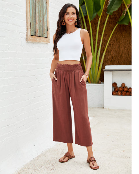 GRAPENT Capri Pants for Women High Waisted Wide Leg Linen Palazzo Trousers Pull On Elastic Smock Waist Loose Flowy Pants