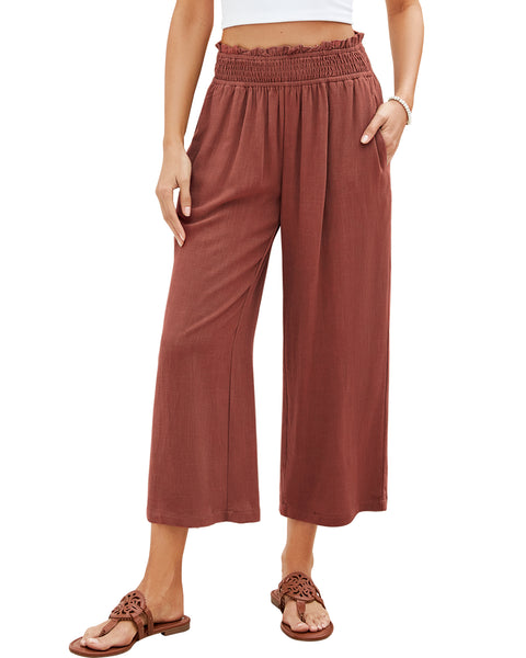 GRAPENT Capri Pants for Women High Waisted Wide Leg Linen Palazzo Trousers Pull On Elastic Smock Waist Loose Flowy Pants