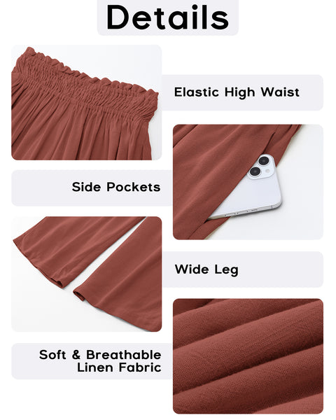 GRAPENT Capri Pants for Women High Waisted Wide Leg Linen Palazzo Trousers Pull On Elastic Smock Waist Loose Flowy Pants