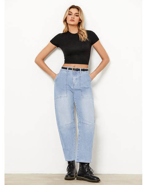 GRAPENT Barrel Jeans for Women High Waisted Trendy Wide Leg Baggy Ankle Length Stretchy Denim Trouser Jeans with Pockets