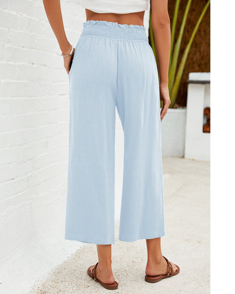 GRAPENT Capri Pants for Women High Waisted Wide Leg Linen Palazzo Trousers Pull On Elastic Smock Waist Loose Flowy Pants