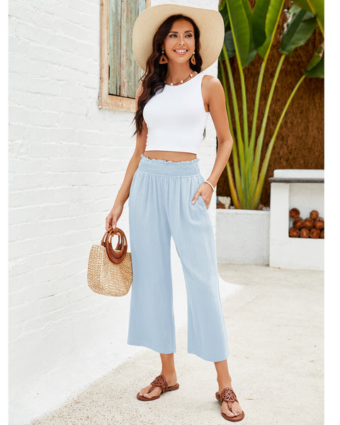 GRAPENT Capri Pants for Women High Waisted Wide Leg Linen Palazzo Trousers Pull On Elastic Smock Waist Loose Flowy Pants