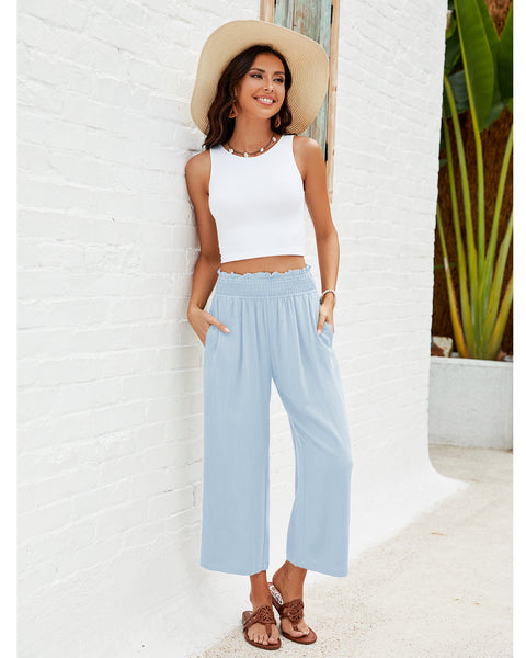 GRAPENT Capri Pants for Women High Waisted Wide Leg Linen Palazzo Trousers Pull On Elastic Smock Waist Loose Flowy Pants