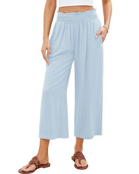 GRAPENT Capri Pants for Women High Waisted Wide Leg Linen Palazzo Trousers Pull On Elastic Smock Waist Loose Flowy Pants