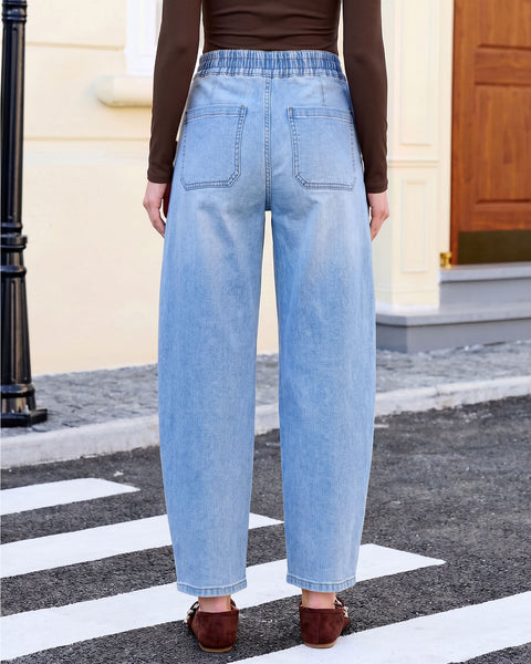 GRAPENT Barrel Jeans for Women High Waisted Elastic Waist Baggy Denim Pants | Barrel Leg, Ankle Length, Stretchy Drawstring Jeans, High Rise Fit, 27.5" Inseam, Front Patch Pockets, Dressy Casual Outfits