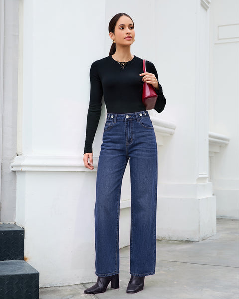 GRAPENT Jeans for Women Wide Leg High Rise Cinch-Waist Stretchy Denim Pants | High Waisted, Adjustable Waist, Full Length, 30'' Inseam, 90s Baggy Straight, Great for Everyday Wear, Dressy Casual Outifts