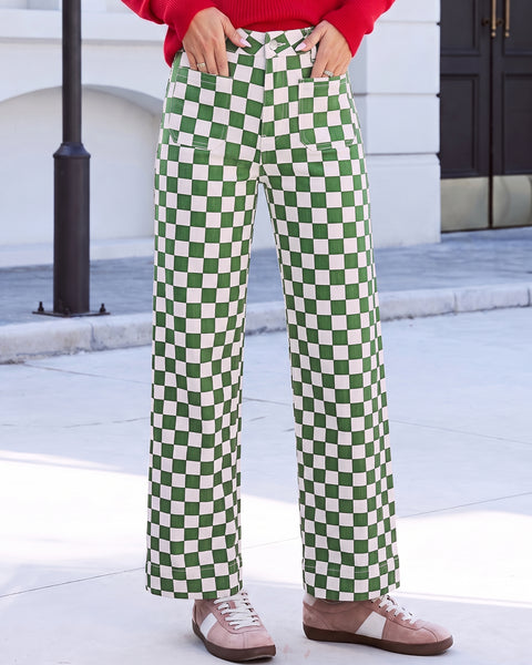 GRAPENT Women's Wide Leg Jeans High Waisted Trendy Stretchy Checkered Pants Checkerboard Print, High Rise, Wide-Leg Cut, Front Patch Pockets, Stretch Denim Pants, Weekend Casual, Classic Retro Style