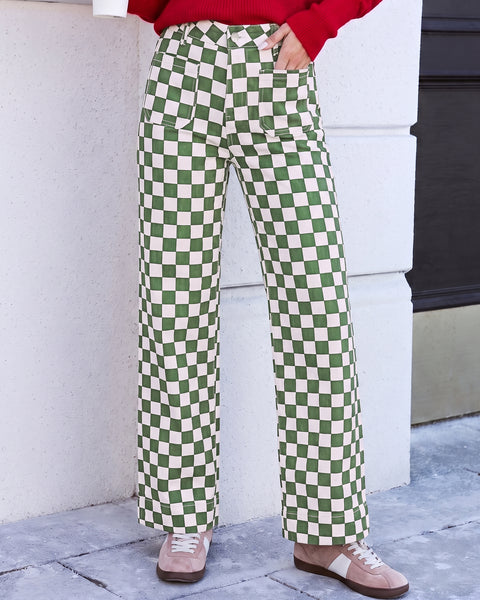 GRAPENT Women's Wide Leg Jeans High Waisted Trendy Stretchy Checkered Pants Checkerboard Print, High Rise, Wide-Leg Cut, Front Patch Pockets, Stretch Denim Pants, Weekend Casual, Classic Retro Style