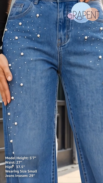 GRAPENT Barrel Jeans Women Rhinestone Pearl Embellished Sparkly Denim Pants High Waisted Jeans, Barrel Leg, Rhinestone and Pearl Embellished, Stretchy Denim Fabric, 29'' Inseam, Trendy, Dressy Casual