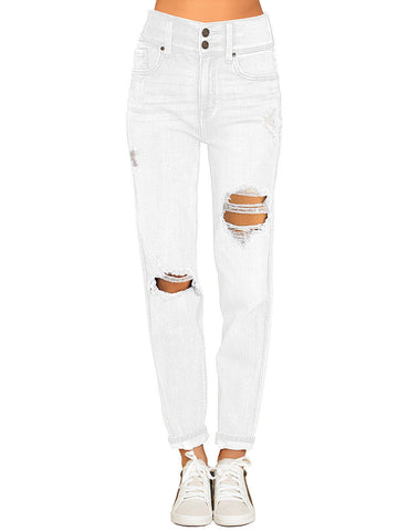 GRAPENT Women's Casual High Waisted Mom Jeans Ripped Stretchy Tapered Denim Pants